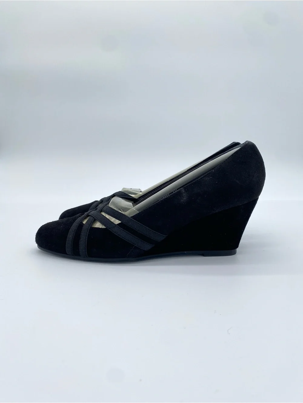 Elegant Vintage Black Suede Crisscross Wedge Pumps‎ Deadstock